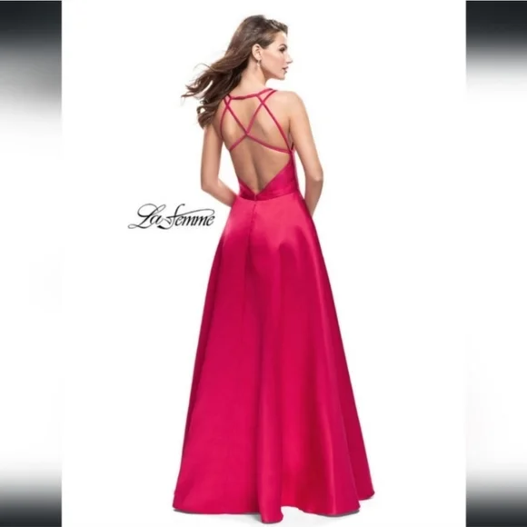 La Femme Raspberry Pink Polished Mikado V-Neck Plunge Neckline Ball Gown Size 2 - Picture 2 of 5